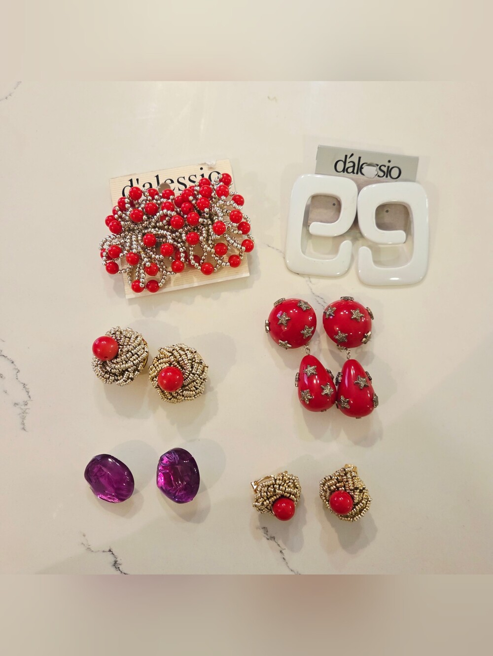 BOLD VTG DALESSIO Mixed Colors  Shapes Gold Earrings Clip On 1980 Runway Lot 6